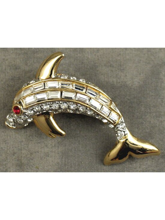Unbranded Jewelry - Vintage Leaping Dolphin Rhinestone Brooch Pin Gold Tone Faux Ruby Eye